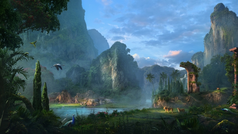 sergey hudyakov, peacock, pasari, lake, world, frumusete, luminos, water, fantasy, bird, paun, lost paradise