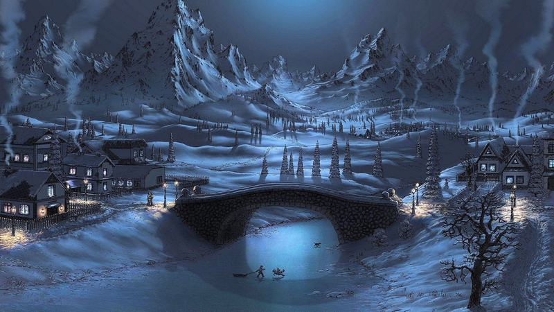 mountains, village, children, river, frozen, dog, houses, bridge, snow, painting