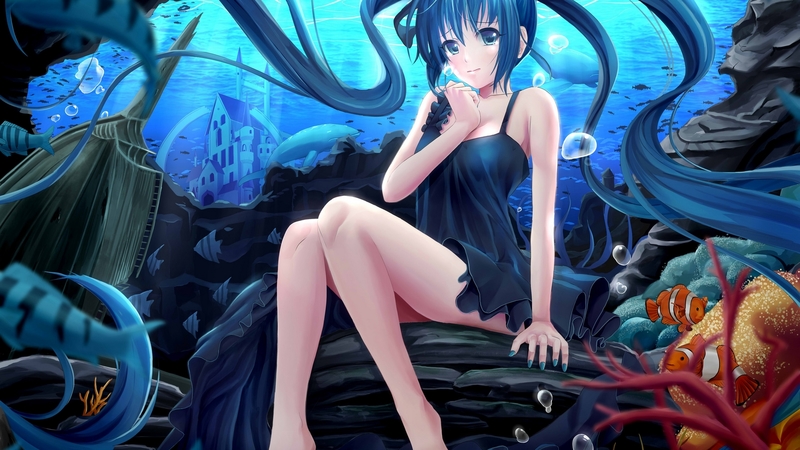 pretty, crying, coral, anime, ocean, female, beautiful, sea, water, beautiful anime art, vocaloid, hatsune miku, tears, pigtails