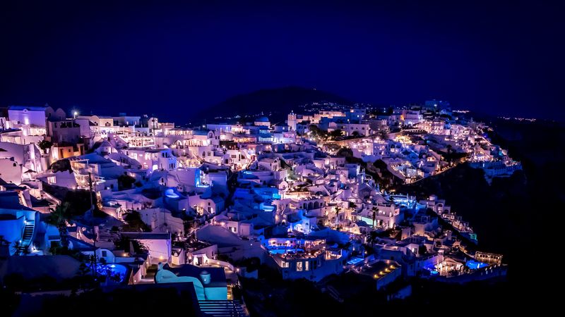 santorini, greece, night city, lighting, 4k