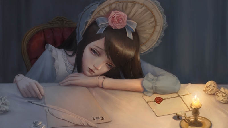 candle, luminos, rose, manga, doll, trandafir, hat, fantasy, bibido, lolita fashion, anime, flower, realistic