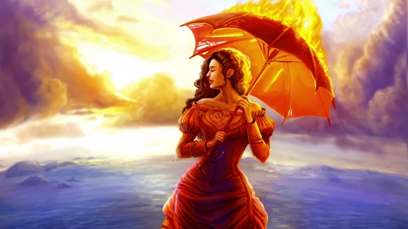 art, red dress, umbrella, clouds, sea, hair, fire, girl, profile, person, painting