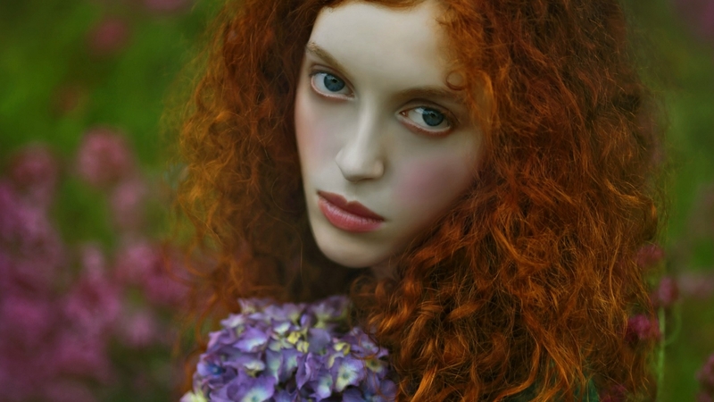 hydrangea, model, redhead, woman, tale, girl, purple, flower, agnieszka lorek