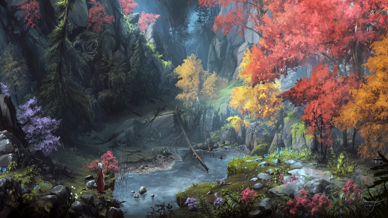 world, art, forest, autumn, luminos, orange, toamna, yellow, man, fantasy, water, blue