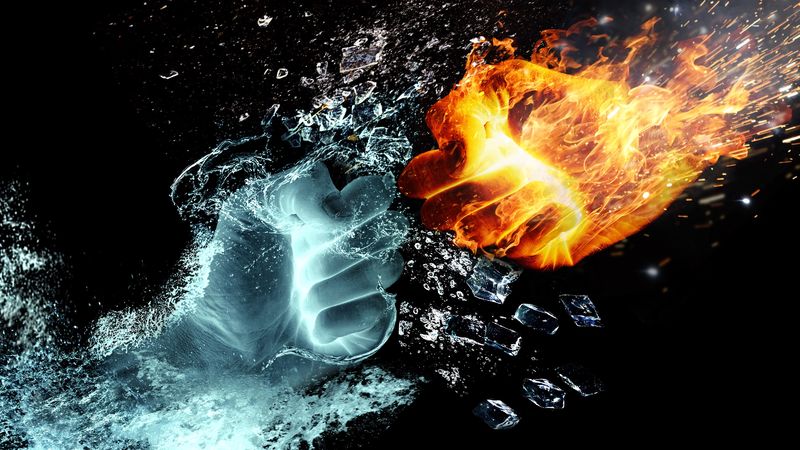hands, fire, water, spray, splinters, 4k
