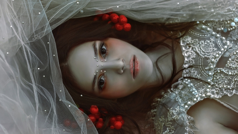 red, model, tail, veil, bride, woman, girl, flower, face, white, agnieszka lorek