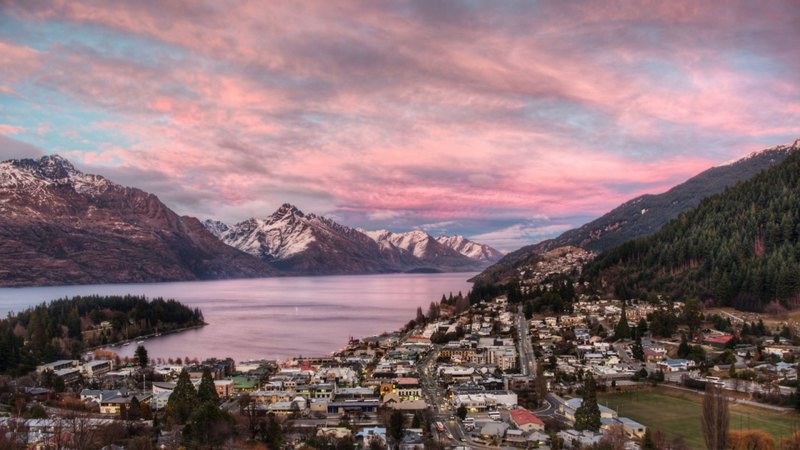 mountains, town, sunset, clouds, lake