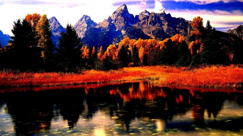 fall, water, mountains, colors, reflection, trees