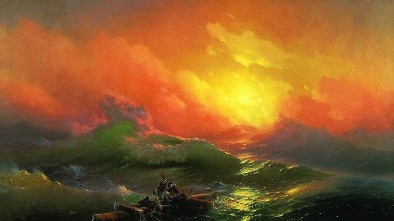 sun, castaways, painting, sunset, waves, stormy, sea
