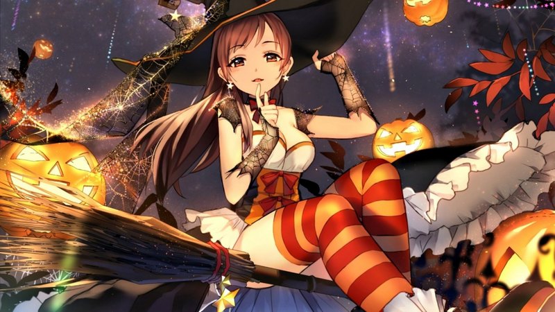 nitta minami, red, witch, orange, halloween, fantasy, sheska xue, idolmaster cinderella girls, anime, pumpkin, blue, night, manga, black, hat, girl, dark