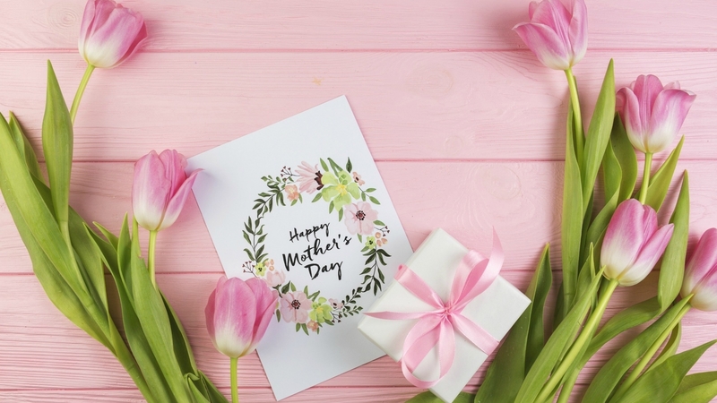 present, panels, ribbon, box, bow, mothers day, gift, card, still life, happy mothers day, flowers, tulips, pink, wood