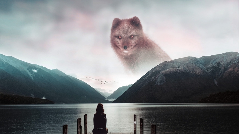 water, mountains, sky, bridge, clouds, woman, wolf