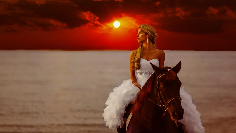 pretty, amazing, sun, lovely, fiery, bride, beautiful, sunset, horse, sky, wedding, woman, sea, girl, rider, lady