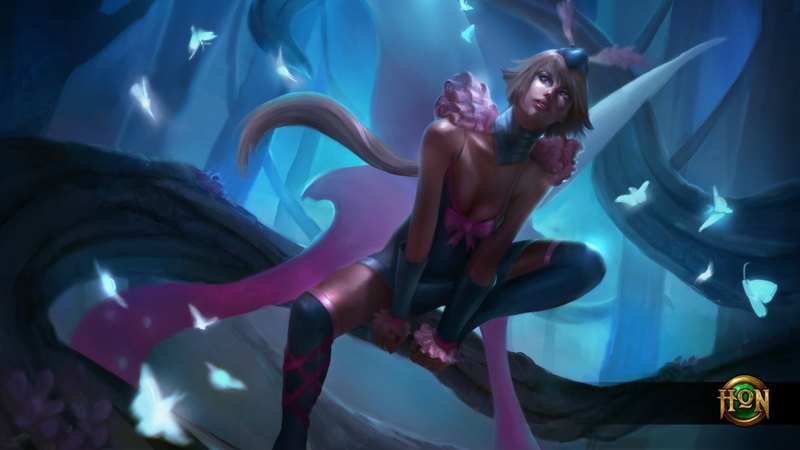 art, wings, luminos, heroes of newerth, monarch luna, game, fantasy, butterfly, girl, moth cherub, dark, pink, blue, night