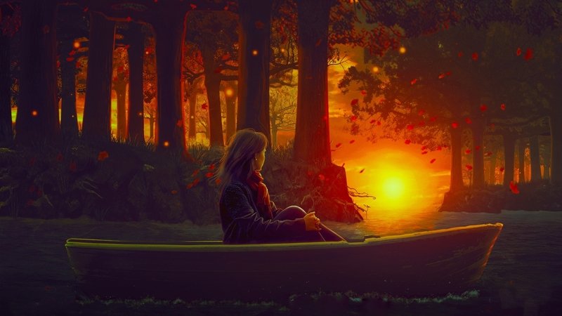 forest, art, fantasy, girl, digital, sunset, woman