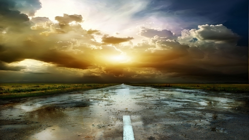 blacktop, sunset, rain, road, clouds