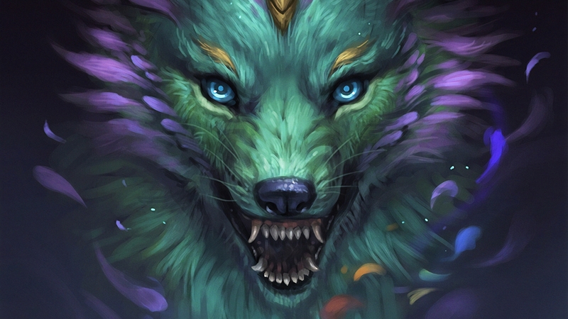art, fantasy, green, purple, luminos, lup, face, wolf, eyes