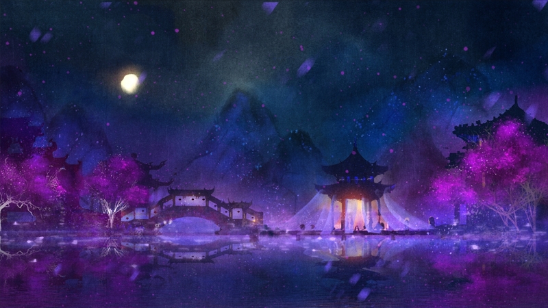 anime, fantasy, japan, purple, oriental, scenery, night