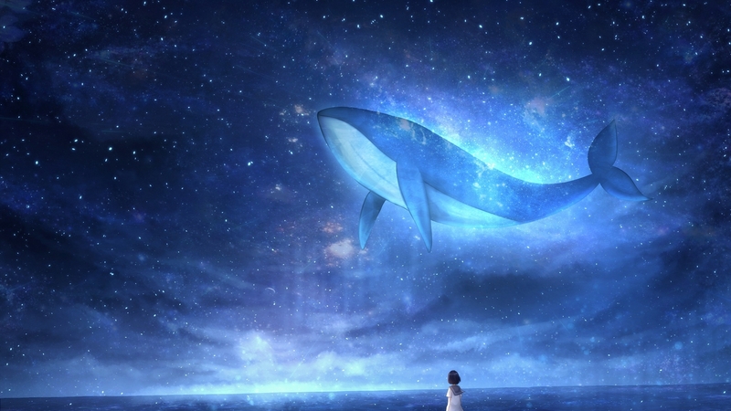 luminos, whale, girl, anime, manga, sky, white, blue