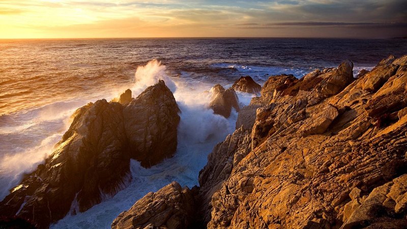 sunset, waves, sea, coast