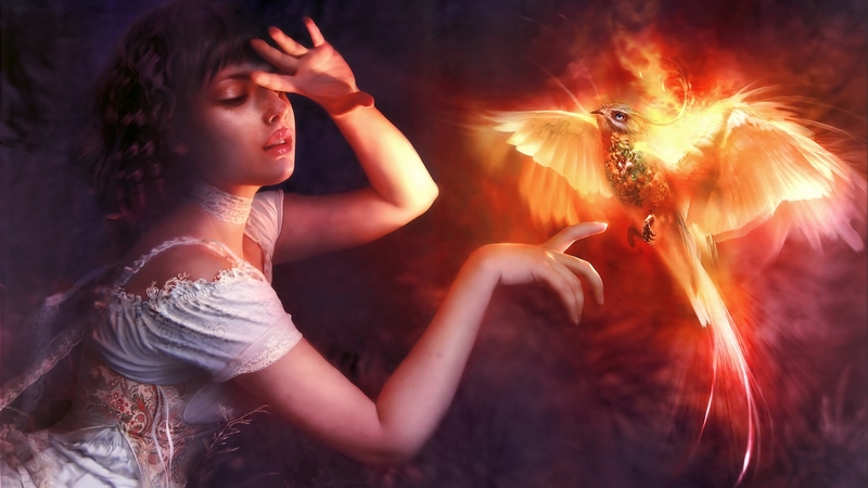 fire, frumusete, fantasy, luminos, phoenix, bird, girl, hand