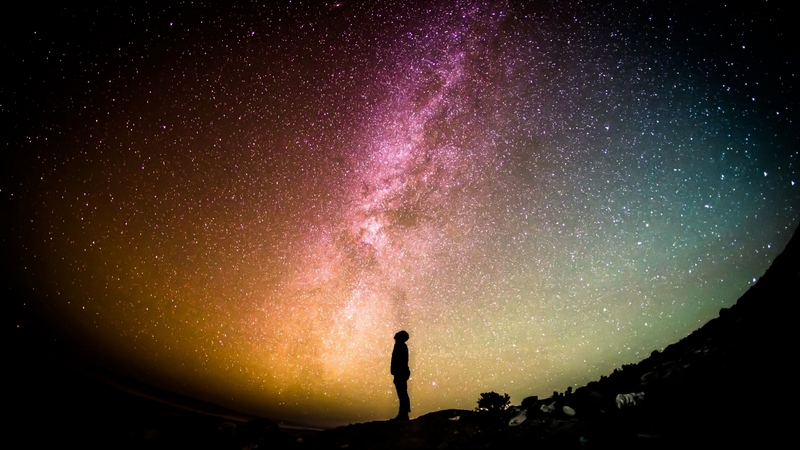 stars, luminos, milky way, black, man, creative, sky, silhouette, pink