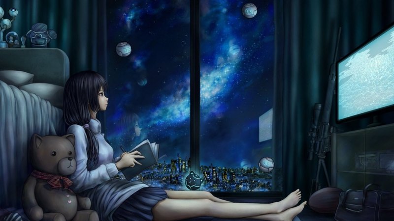 window, teddy bear, girl, anime