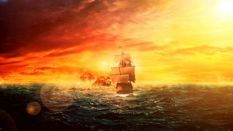 isle, sun, journey, travel, sea, boat, skyphoenixx1, ocean, waves, sky, abstract, palms, caribbean, water, ship, sunshine, island, skull
