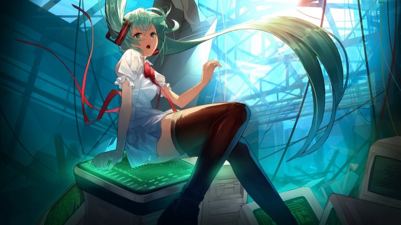 vocaloid, dress, hatsune miku, green eyes, skirt, ribbons, thighhighs, ponytails, anime, computer, green hair, long hair