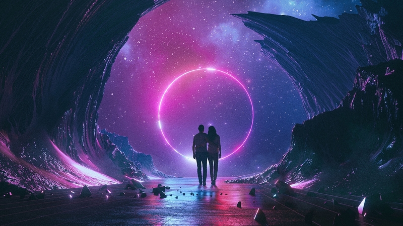 stars, luminos, sky, silhouette, lovers, synthpop, fantasy, mike winkelmann, pink, blue, couple