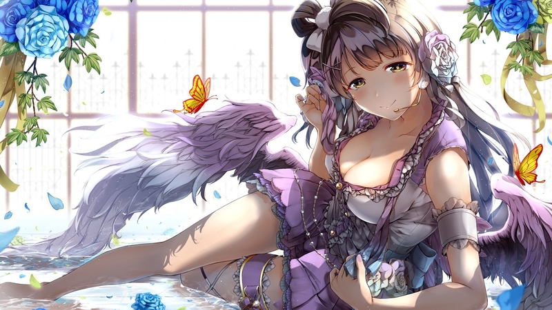 minami kotori, angel, anime, manga, izuki, wings, rose, girl, purple, flower, blue