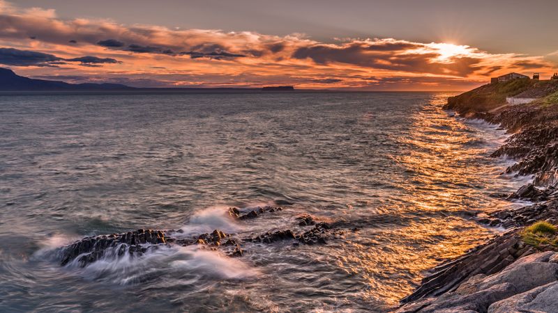 ocean, surf, sunset, shore, rocks, 4k