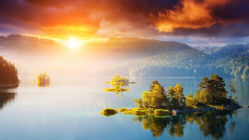 mountain, splendor, morning, nature, sunrise, clouds, reflection, lake, landscape