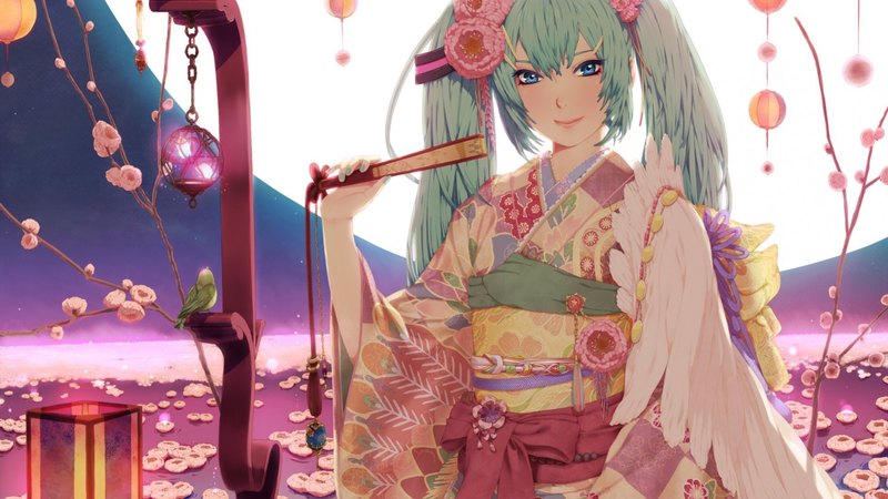 vocaloid, lovely, hatsune miku, blush, smile, kimono, nice, moon, blue hair, fan, blue eyes, long hair