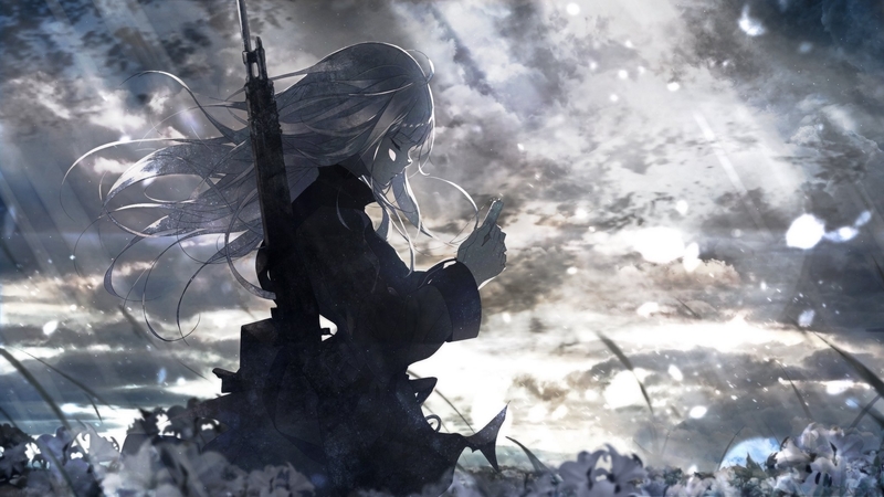 dress, white hair, beautiful, sunset, woman, clouds, sweet, anime, flowers, beauty, anime girl, long hair, weapon, pray, female, lovely, sunlight, black, sky, cute, girl, lady, field