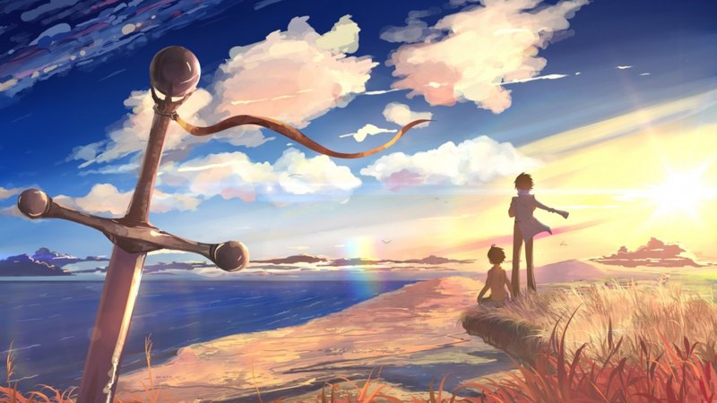 water, sky, clouds, sword, boys, windy