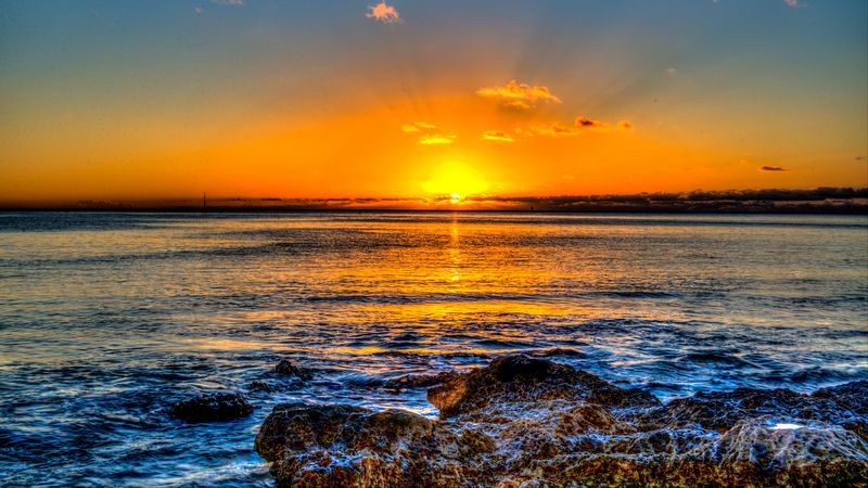 sunset, horizon, sea, surf, hawaii, ocean, 4k