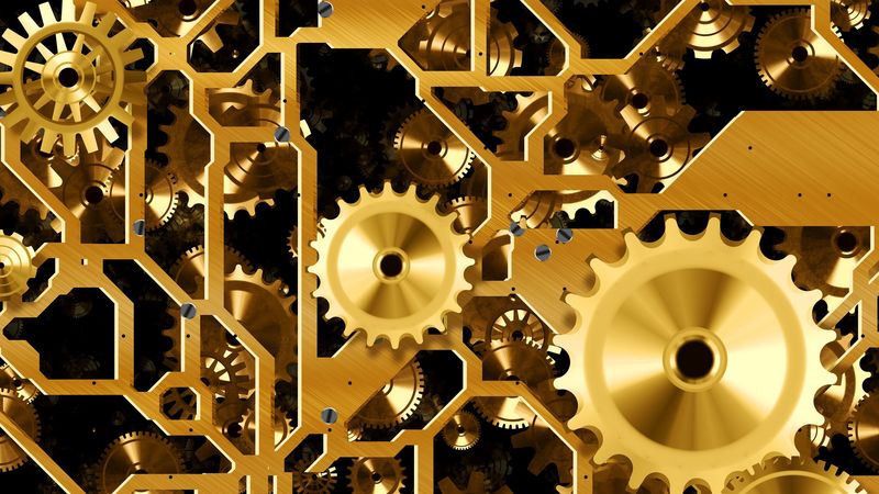 mechanism, gears, gold, 4k