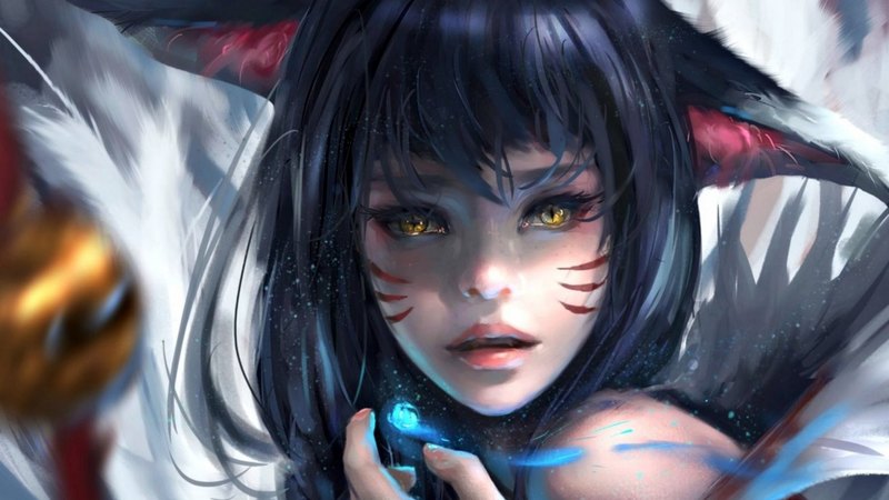 red, art, game, black, nine tailed, woman, league of legends, wlop, fantasy, girl, fox, ahri, blue