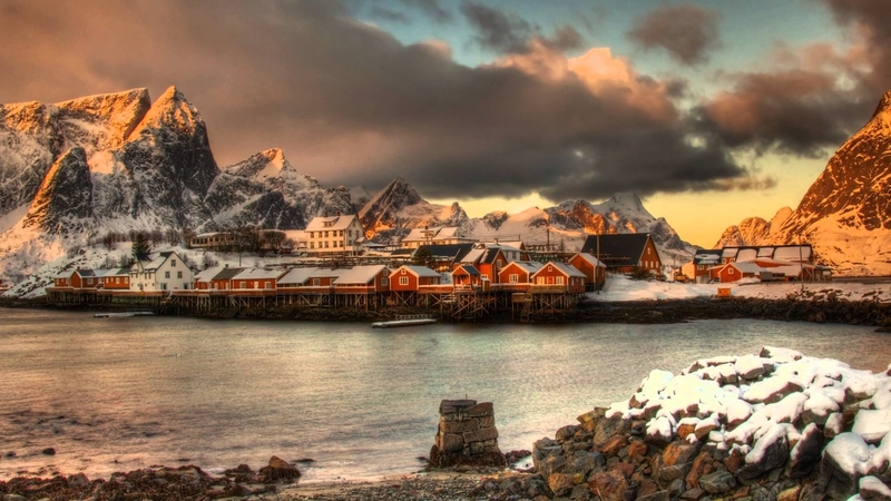 mountains, houses, colors, village, clouds, sky, sea