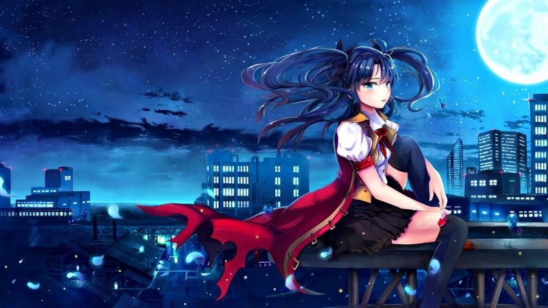 red, luna, manga, l bou, tohsaka rin, fate stay night, moon, city, girl, anime, blue