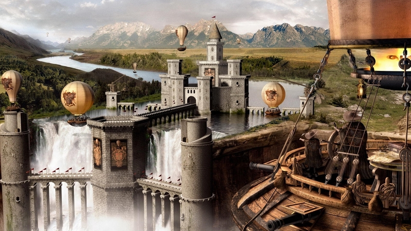 mountain, waterfall, castle, aquatic