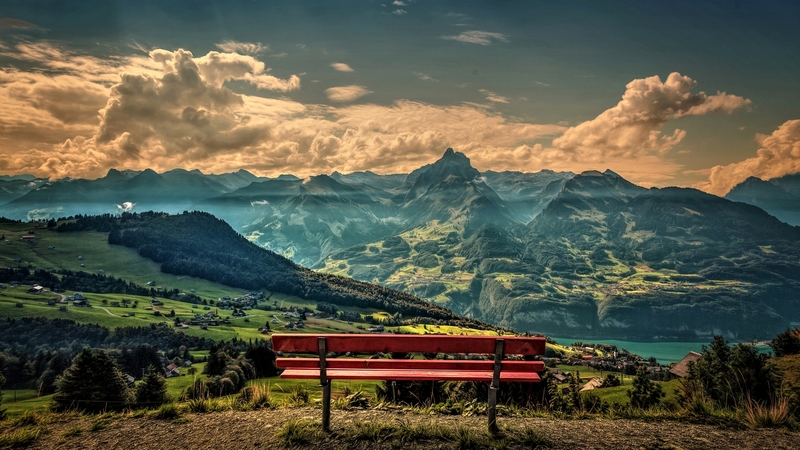 mountain, view, bench, nature