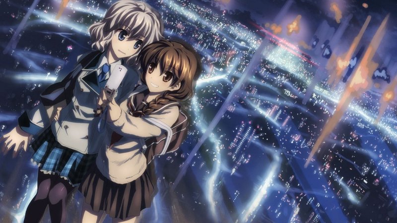 white hair, brown hair, anime girls, bff, sky, lights, cute, short hair, city, cool, anime, sample, girls, night
