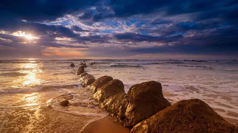 beach, sundown, stones, waves, clouds, sea