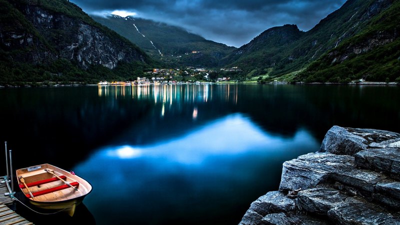 beautiful, clouds, boats, boat, splendor, village, beauty, reflection, norway, blue, night, amazing, lovely, view, sky, lake, water, mountains, peaceful, nature