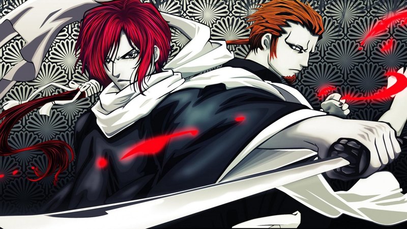 male, amagiri kyuuju, red hair, duo, hakuouki shinsengumi kitan, hajime saitou, kyuuju amagiri, anime, scarf, weapon, orange hair, sword, saitou hajime