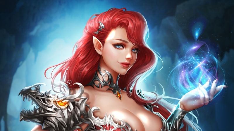 fantasy, renaillusion, redhead, girl, luminos, elf, magical, blue