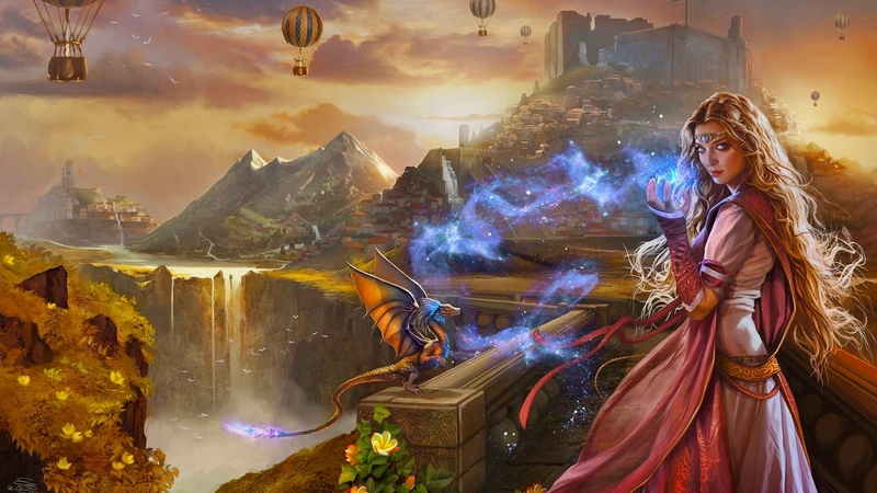 girl, digital, beautiful, castle, princess, woman, art, dragon, fantasy, landscape