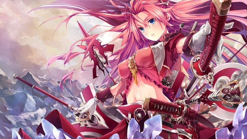 hd, cg, beautiful, sweet, mountain, blade, anime, spear, hot, beauty, anime girl, long hair, sword, gorgeous, female, lovely, sexy, warrior, girl, katana, awesome, pink hair